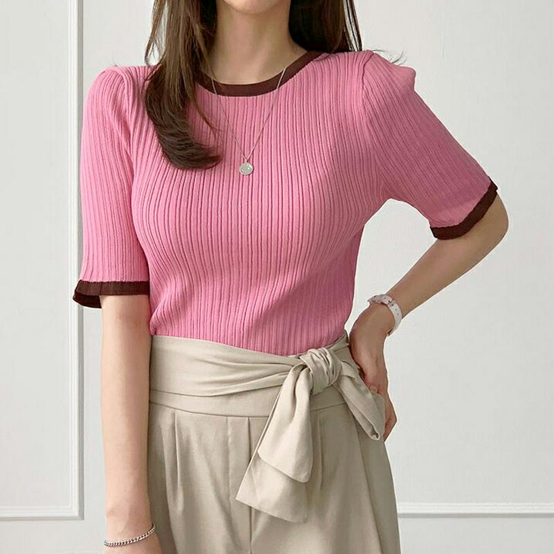 リブ配色ニット・全3色・t62347 レディース【tops】【トップス ニット ニットトップス 半袖 リブ リブニット リブトッ