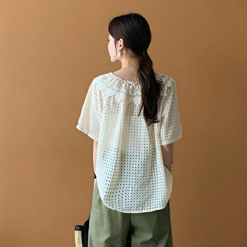 レースネックパンチングブラウス・全2色・b62345 レディース【bl】【トップス ブラウス 半袖 ハーフスリーブ パンチング 
