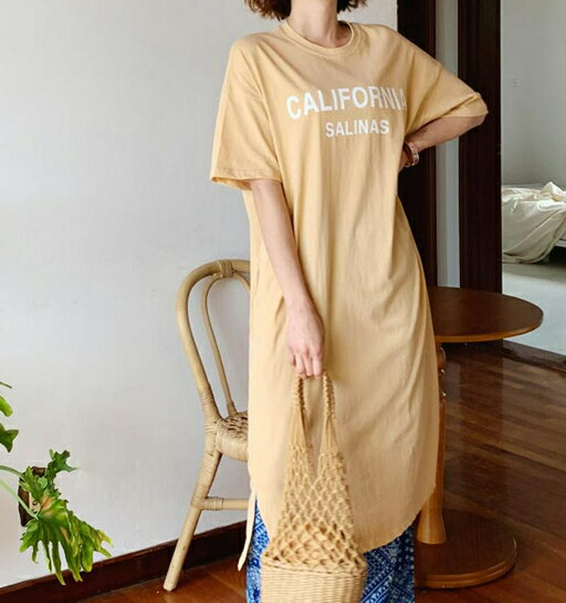 レタリングスリットワンピース・全4色・b59535 レディース【ops】【ワンピース ロング ロングワンピース 半袖 ハーフスリ