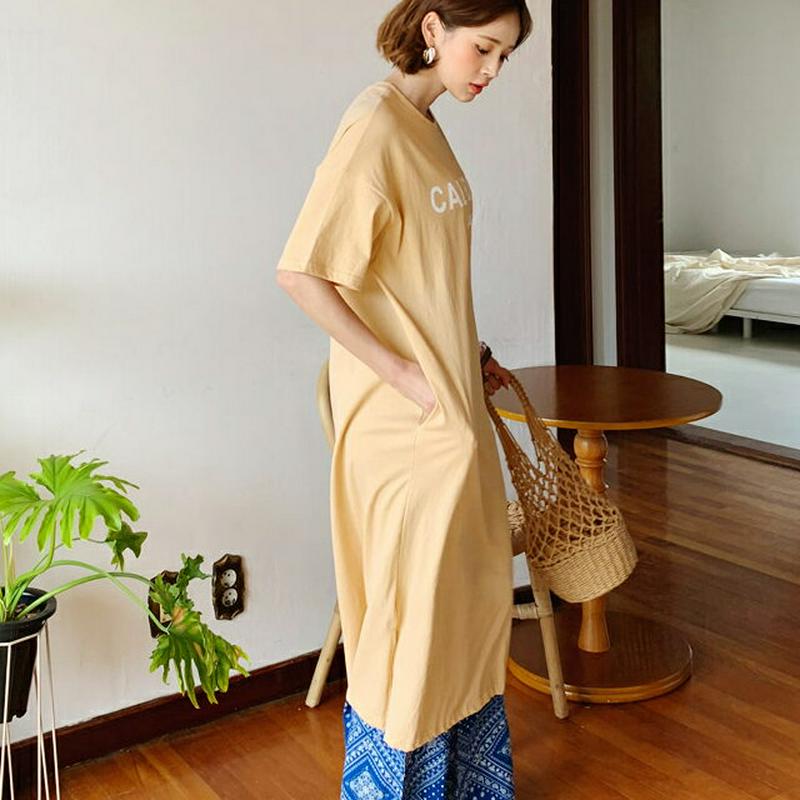 レタリングスリットワンピース・全4色・b59535 レディース【ops】【ワンピース ロング ロングワンピース 半袖 ハーフスリ