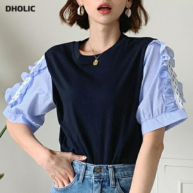 レースストライプスリーブTシャツ・全2色・b59486 レディース【tops】【トップス Tシャツ 半袖 ハーフスリーブ ユニー