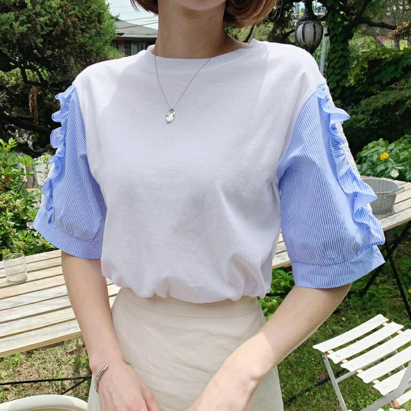レースストライプスリーブTシャツ・全2色・b59486 レディース【tops】【トップス Tシャツ 半袖 ハーフスリーブ ユニー