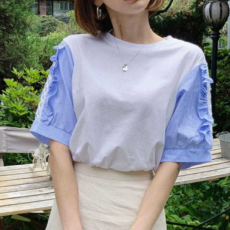 レースストライプスリーブTシャツ・全2色・b59486 レディース【tops】【トップス Tシャツ 半袖 ハーフスリーブ ユニー