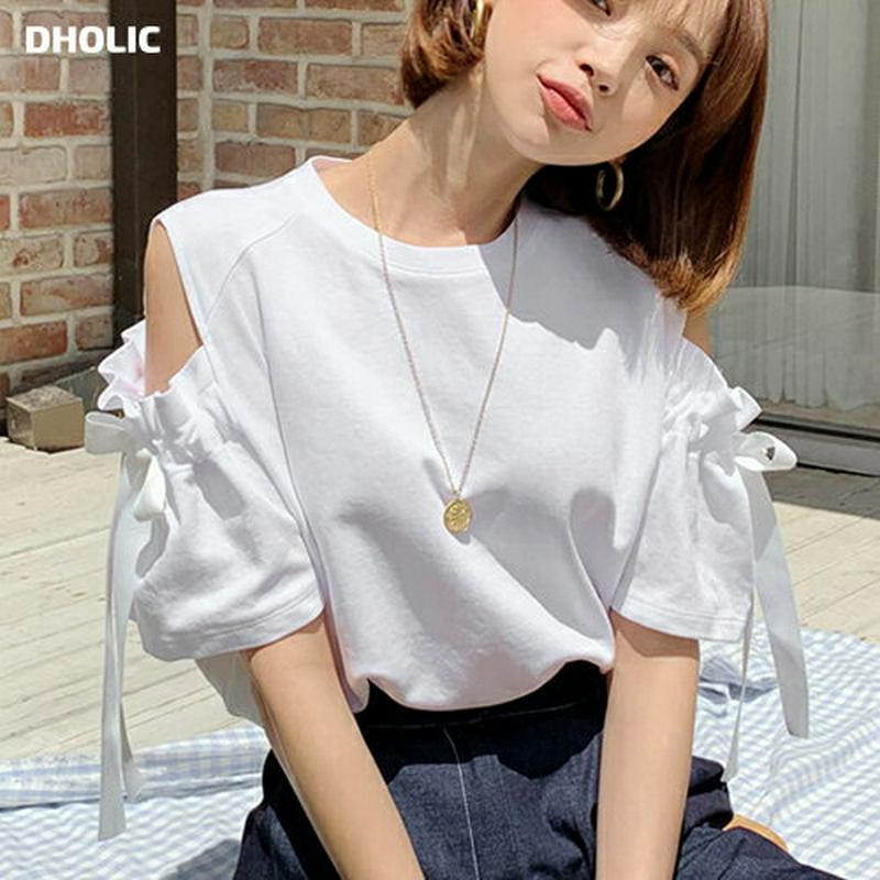リボンオープンショルダーTシャツ・全3色・b59483 レディース【tops】【トップス Tシャツ 半袖 ハーフスリーブ リボン