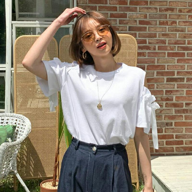 リボンオープンショルダーTシャツ・全3色・b59483 レディース【tops】【トップス Tシャツ 半袖 ハーフスリーブ リボン