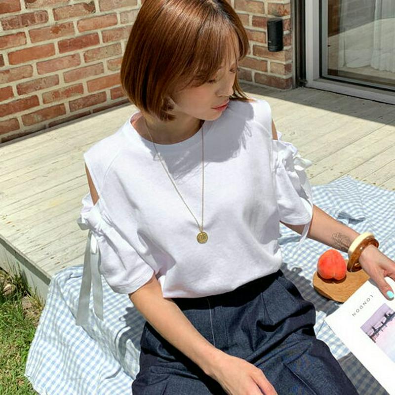 リボンオープンショルダーTシャツ・全3色・b59483 レディース【tops】【トップス Tシャツ 半袖 ハーフスリーブ リボン