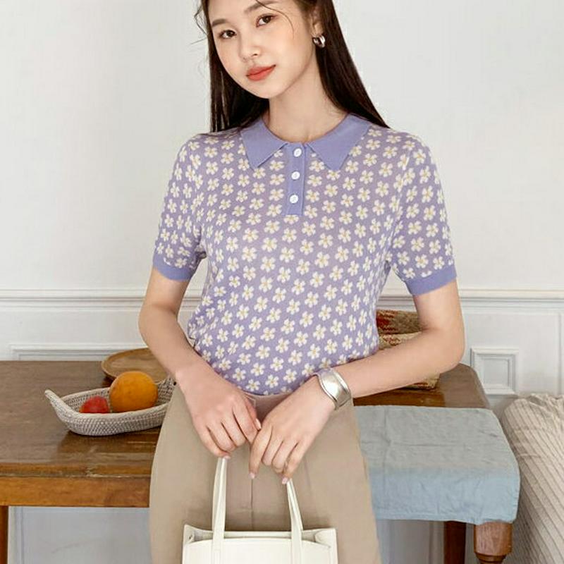 花柄ポロカラーニット・全2色・b59495 レディース【tops】【トップス ニット ニットトップス 半袖 ポロカラー 花柄 フ