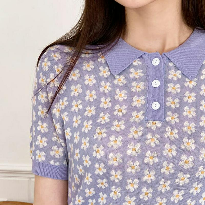 花柄ポロカラーニット・全2色・b59495 レディース【tops】【トップス ニット ニットトップス 半袖 ポロカラー 花柄 フ