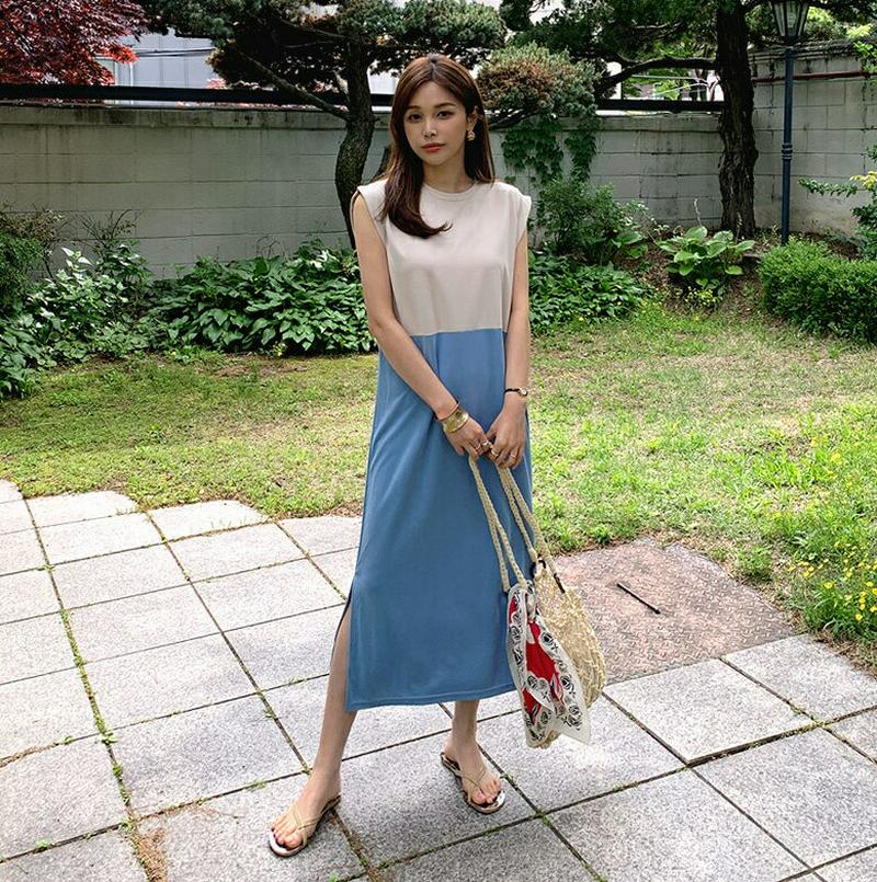 バイカラーワンピース・全2色・t62381 レディース【ops】【ワンピース ロング ロングワンピース スリーブレス ノースリー