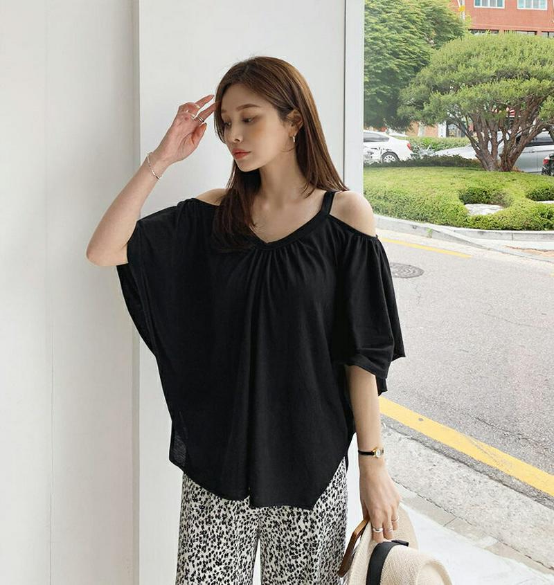 オープンショルダーギャザーTシャツ・全3色・b62367 レディース【tops】【トップス Tシャツ 半袖 ハーフスリーブ 肩見