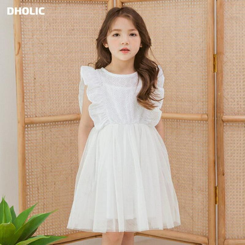 パンチングレースチュールワンピース(ホワイト)・p002322 キッズ【3~8才】【ops】【ワンピース ミディ丈 ミディワンピ