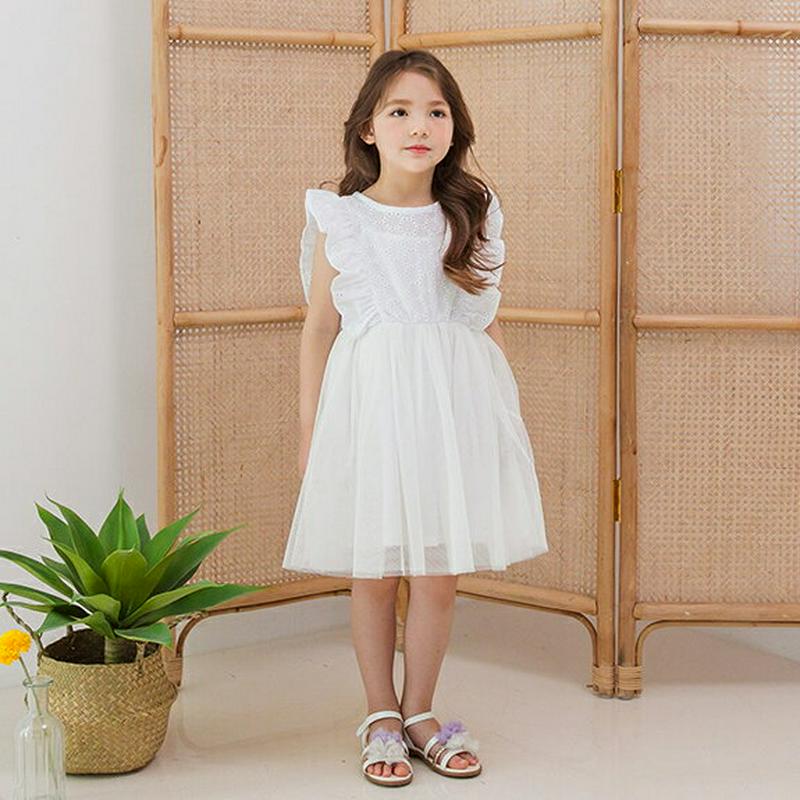 パンチングレースチュールワンピース(ホワイト)・p002322 キッズ【3~8才】【ops】【ワンピース ミディ丈 ミディワンピ