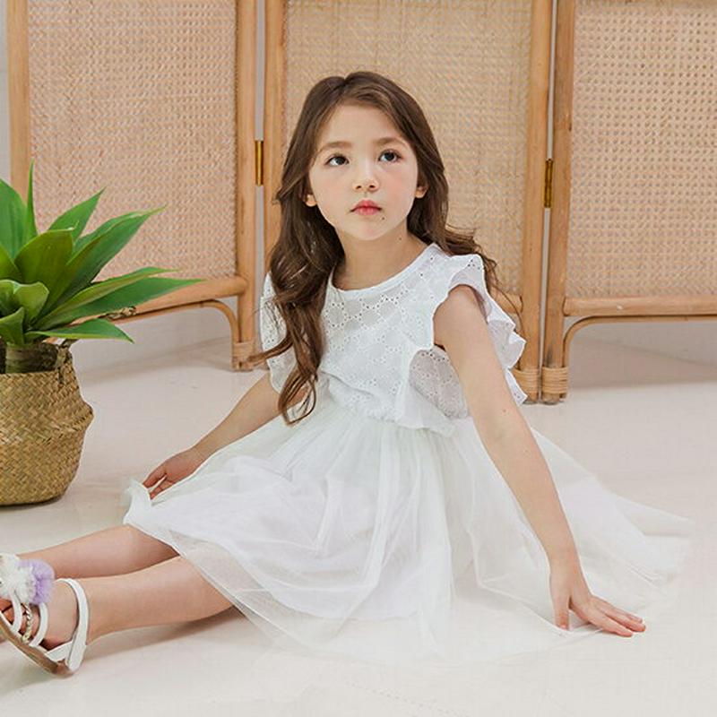 パンチングレースチュールワンピース(ホワイト)・p002322 キッズ【3~8才】【ops】【ワンピース ミディ丈 ミディワンピ