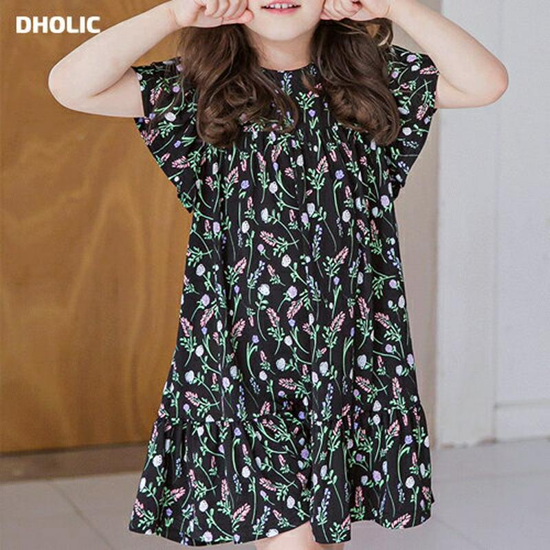 フレアスリーブパターンワンピース(ブラック)・p002319 キッズ【3~8才】【ops】【ワンピース ミディ丈 ミディワンピー