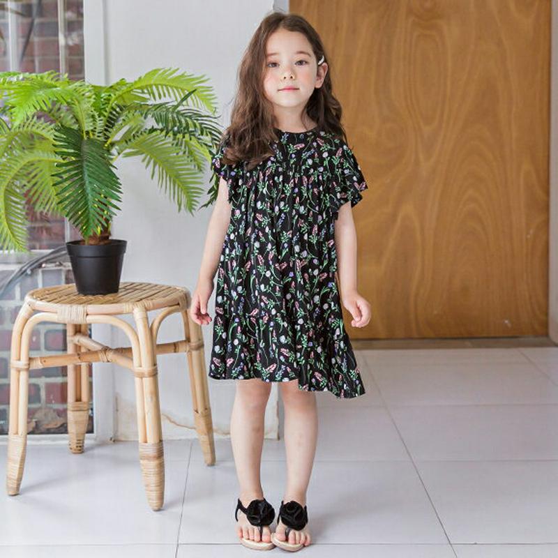 フレアスリーブパターンワンピース(ブラック)・p002319 キッズ【3~8才】【ops】【ワンピース ミディ丈 ミディワンピー