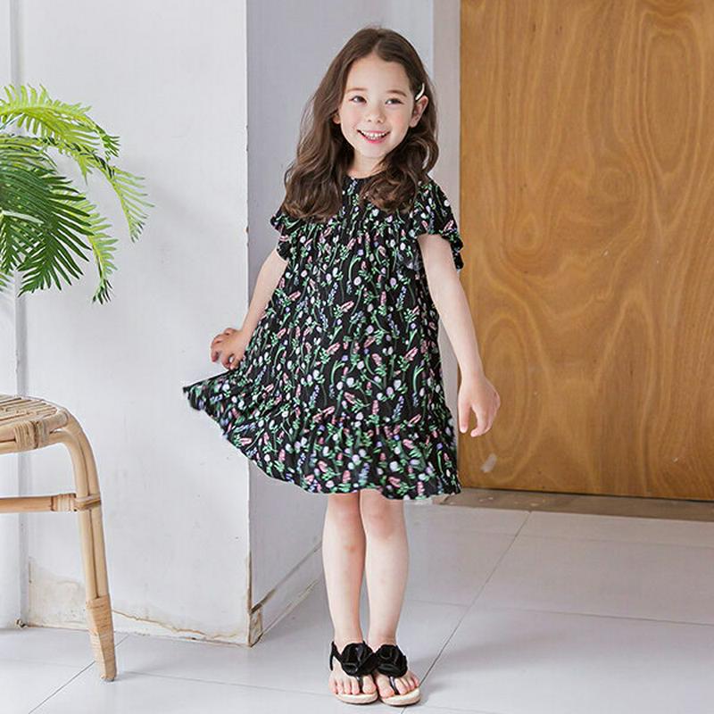 フレアスリーブパターンワンピース(ブラック)・p002319 キッズ【3~8才】【ops】【ワンピース ミディ丈 ミディワンピー