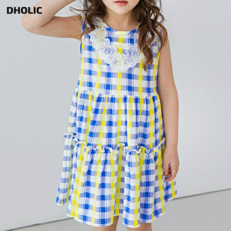 レースチェックスリーブレスワンピース(ブルー)・p002316 キッズ【3~8才】【ops】【ワンピース ミディ丈 ミディワンピ