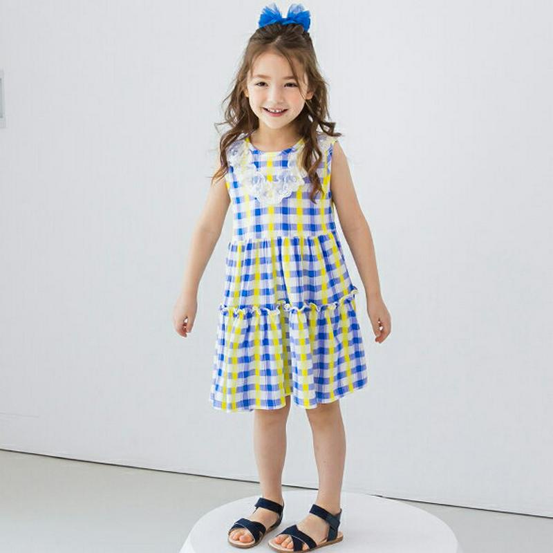 レースチェックスリーブレスワンピース(ブルー)・p002316 キッズ【3~8才】【ops】【ワンピース ミディ丈 ミディワンピ