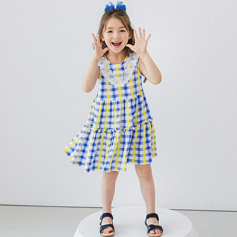 レースチェックスリーブレスワンピース(ブルー)・p002316 キッズ【3~8才】【ops】【ワンピース ミディ丈 ミディワンピ