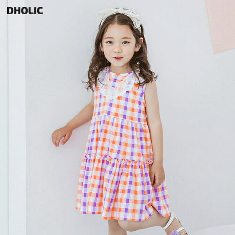 レースチェックスリーブレスワンピース(オレンジ)・p002315 キッズ【3~8才】【ops】【ワンピース ミディ丈 ミディワン