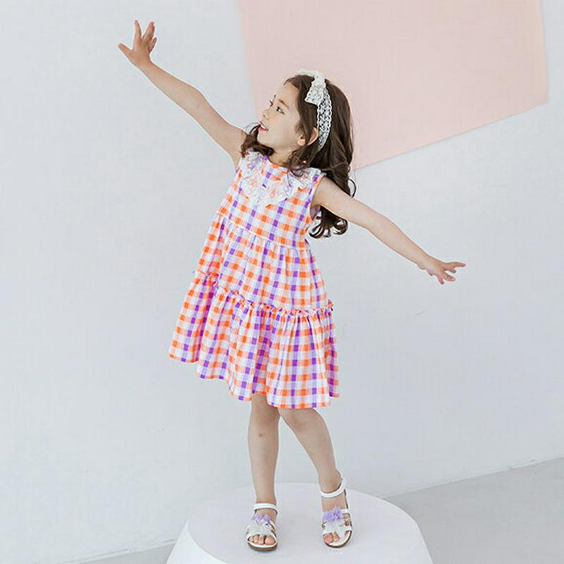 レースチェックスリーブレスワンピース(オレンジ)・p002315 キッズ【3~8才】【ops】【ワンピース ミディ丈 ミディワン