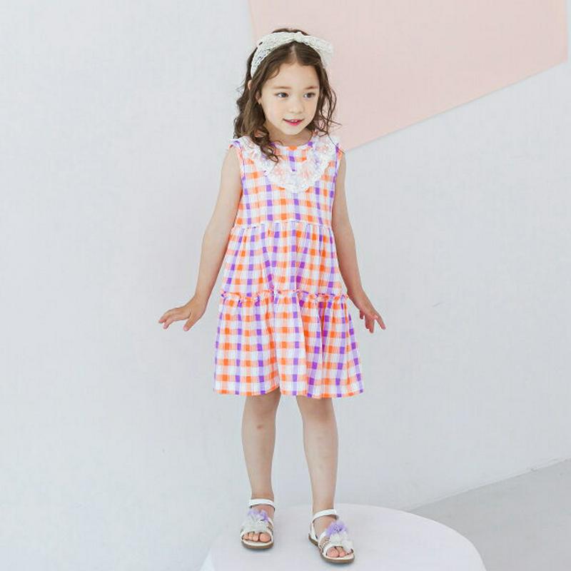 レースチェックスリーブレスワンピース(オレンジ)・p002315 キッズ【3~8才】【ops】【ワンピース ミディ丈 ミディワン