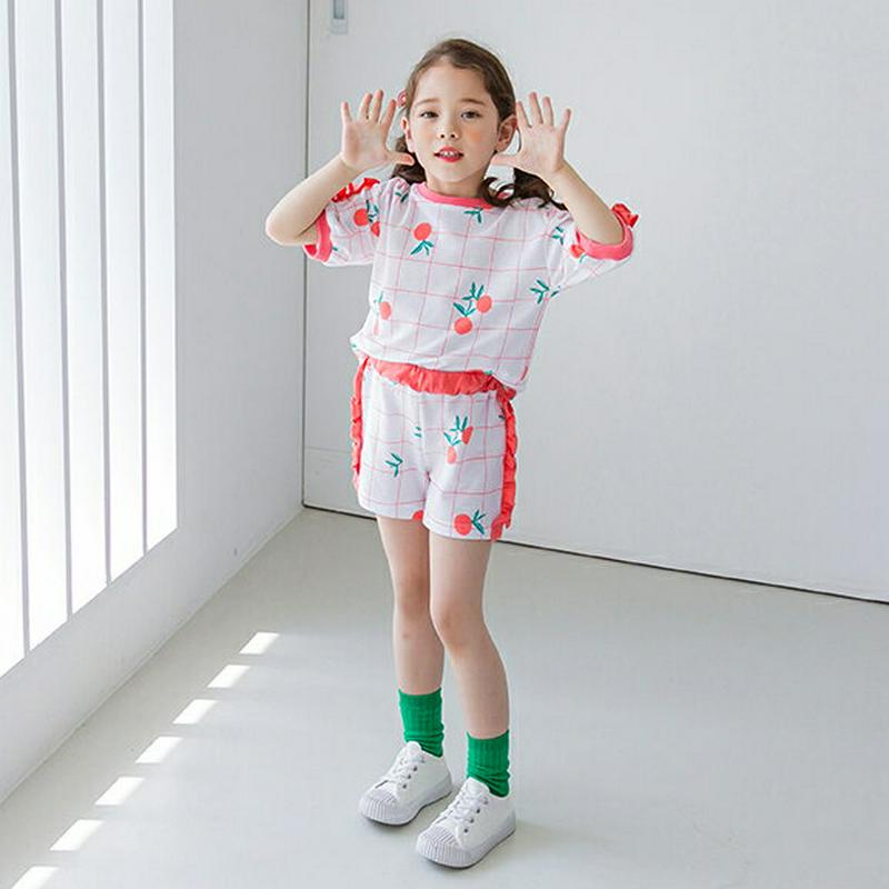 フリルチェック上下SET(オレンジ)・p002365 キッズ【3~8才】【set】【セットアップ setup トップス Tシャツ