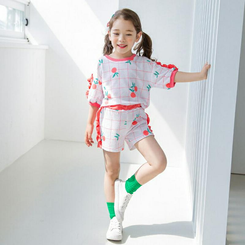 フリルチェック上下SET(オレンジ)・p002365 キッズ【3~8才】【set】【セットアップ setup トップス Tシャツ