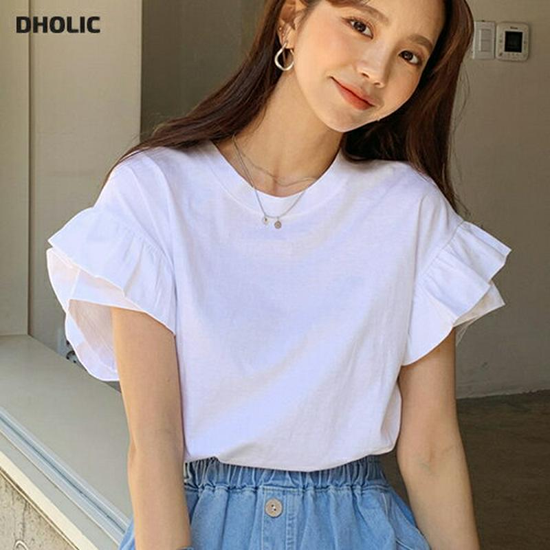 ラウンドフリルTシャツ・全2色・b59459 レディース【tops】【トップス Tシャツ 半袖 フリル フリルスリーブ 単色 無