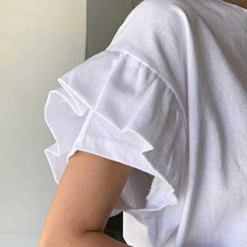 ラウンドフリルTシャツ・全2色・b59459 レディース【tops】【トップス Tシャツ 半袖 フリル フリルスリーブ 単色 無