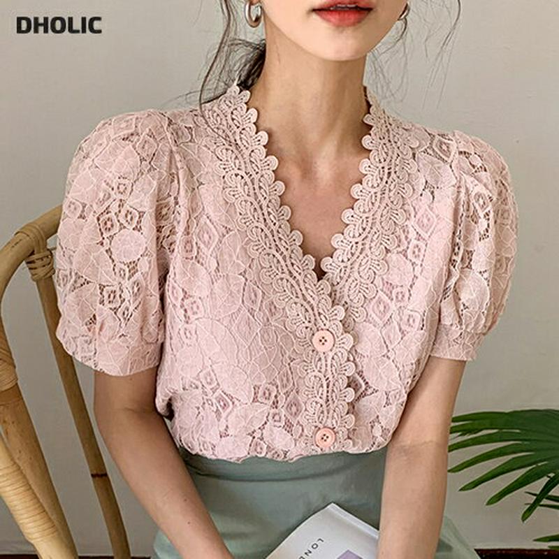 【4DAY限定SALE】≪人気商品再入荷≫レースVネックブラウス・全4色・b59347 レディース【bl】 韓国ファッション トップス ブラウス 半袖 レース レースブラウス 総レース Vネック 骨スト フェミニン 可愛い かわいい ピンク 春 夏