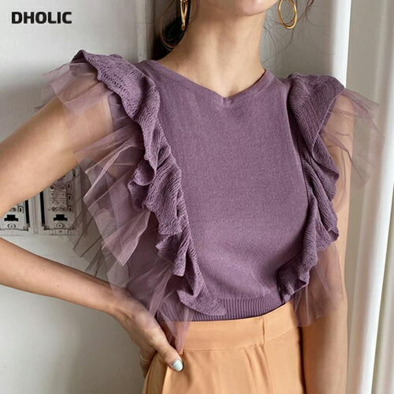 ≪人気商品再入荷≫フリルメッシュショルダーニット・全4色・t56064 レディース【tops】 韓国 ファッション トップス ニット ニットトップス スリーブレス ノースリーブ メッシュ フリル フリルスリーブ 袖コンシャス ガーリー 単色 可愛い かわいい 春 夏