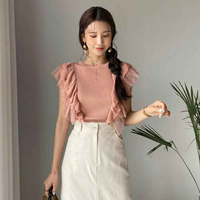 ≪人気商品再入荷≫フリルメッシュショルダーニット・全4色・t56064 レディース【tops】 韓国 ファッション トップス ニット ニットトップス スリーブレス ノースリーブ メッシュ フリル フリルスリーブ 袖コンシャス ガーリー 単色 可愛い かわいい 春 夏
