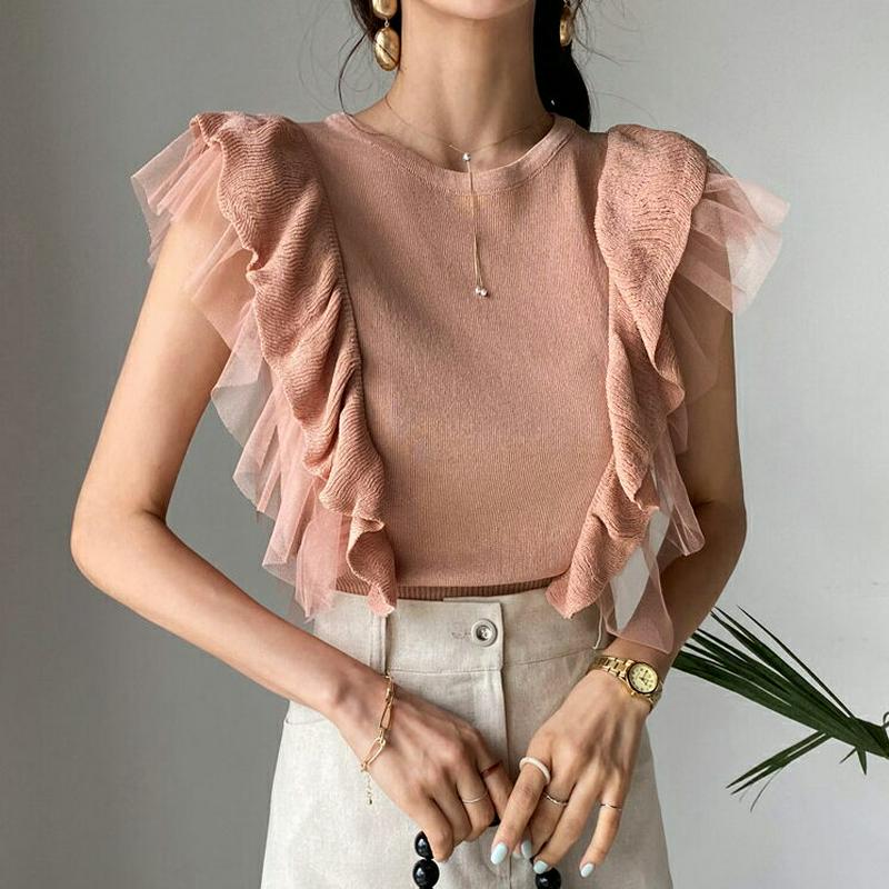 ≪人気商品再入荷≫フリルメッシュショルダーニット・全4色・t56064 レディース【tops】 韓国 ファッション トップス ニット ニットトップス スリーブレス ノースリーブ メッシュ フリル フリルスリーブ 袖コンシャス ガーリー 単色 可愛い かわいい 春 夏