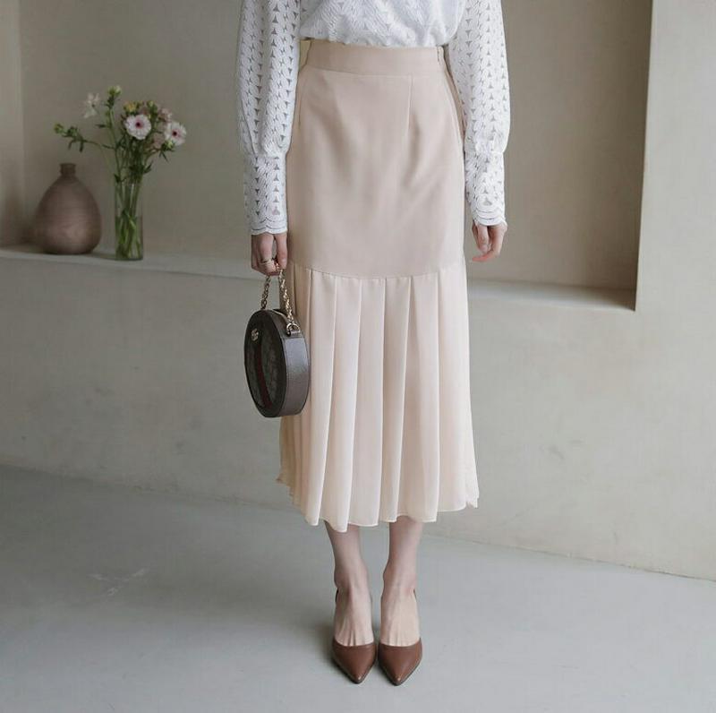 プリーツコントラストスカート・全2色・b58317 レディース 【sk】【スカート ロング丈 ロング プリーツ 無地 切り替え 