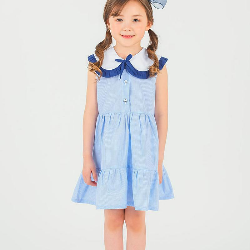 チェックヘムカラーリボンワンピース・p002261 キッズ【3~8才】【ops】【ワンピース ミディ丈 ミディワンピース リボン りぼん チェック柄 チェック セーラーカラー 可愛い かわいい 女の子 子供 こども 子供服 こども服】【KIDS】