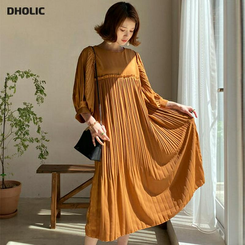 プリーツパフワンピース・全3色・b56130 レディース【ops】【ワンピース ロング ロングワンピース 七分丈 七分袖 7分丈