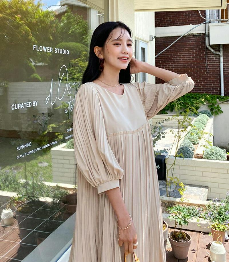 プリーツパフワンピース・全3色・b56130 レディース【ops】【ワンピース ロング ロングワンピース 七分丈 七分袖 7分丈