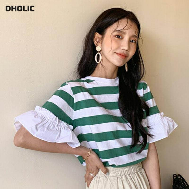 フリルスリーブボーダーTシャツ・全3色・b56104 レディース【tops】【トップス Tシャツ 半袖 ハーフスリーブ ボーダー
