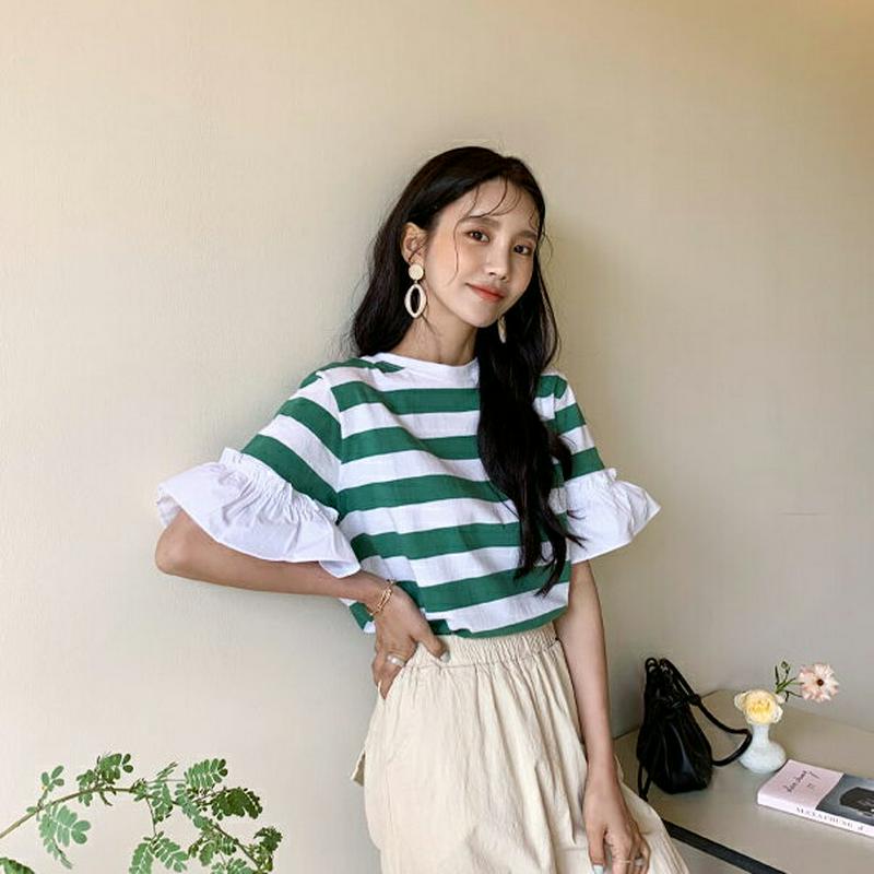 フリルスリーブボーダーTシャツ・全3色・b56104 レディース【tops】【トップス Tシャツ 半袖 ハーフスリーブ ボーダー