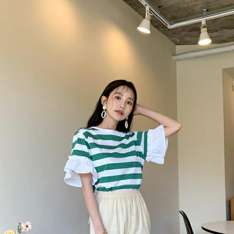 フリルスリーブボーダーTシャツ・全3色・b56104 レディース【tops】【トップス Tシャツ 半袖 ハーフスリーブ ボーダー