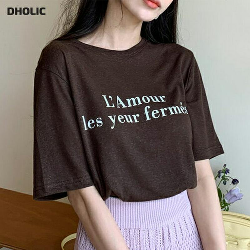 リネン混レタリングTシャツ・全5色・t56102 レディース【tops】【トップス Tシャツ 半袖 リボン　レタリング ロゴ ロ