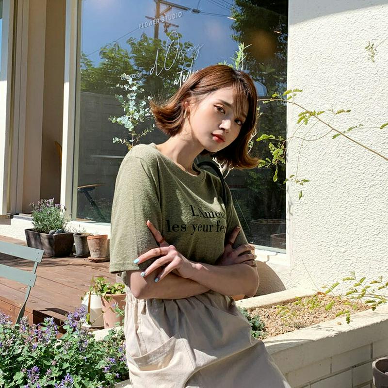 リネン混レタリングTシャツ・全5色・t56102 レディース【tops】【トップス Tシャツ 半袖 リボン　レタリング ロゴ ロ