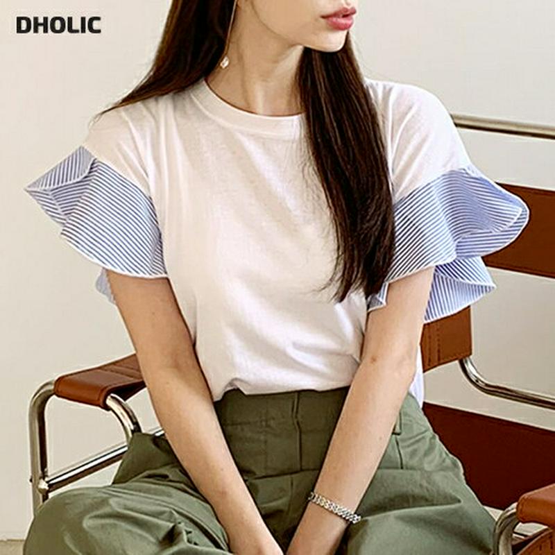 ストライプフリルTシャツ・全3色・b62300 レディース【tops】【トップス Tシャツ 半袖 フリル フリルスリーブ ストラ