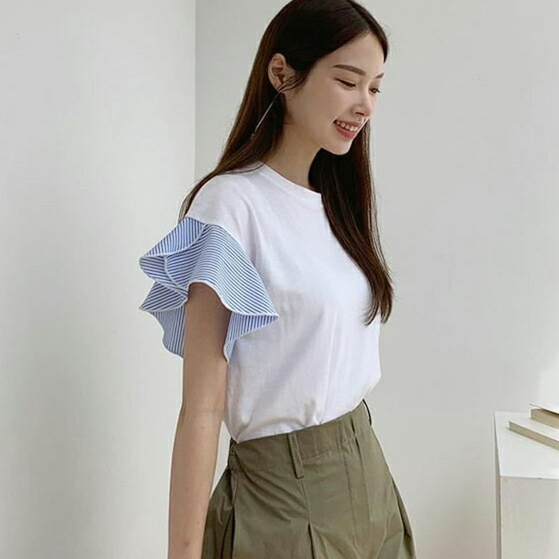 ストライプフリルTシャツ・全3色・b62300 レディース【tops】【トップス Tシャツ 半袖 フリル フリルスリーブ ストラ