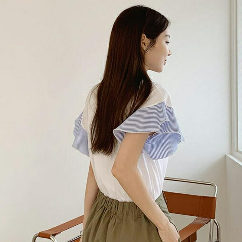 ストライプフリルTシャツ・全3色・b62300 レディース【tops】【トップス Tシャツ 半袖 フリル フリルスリーブ ストラ