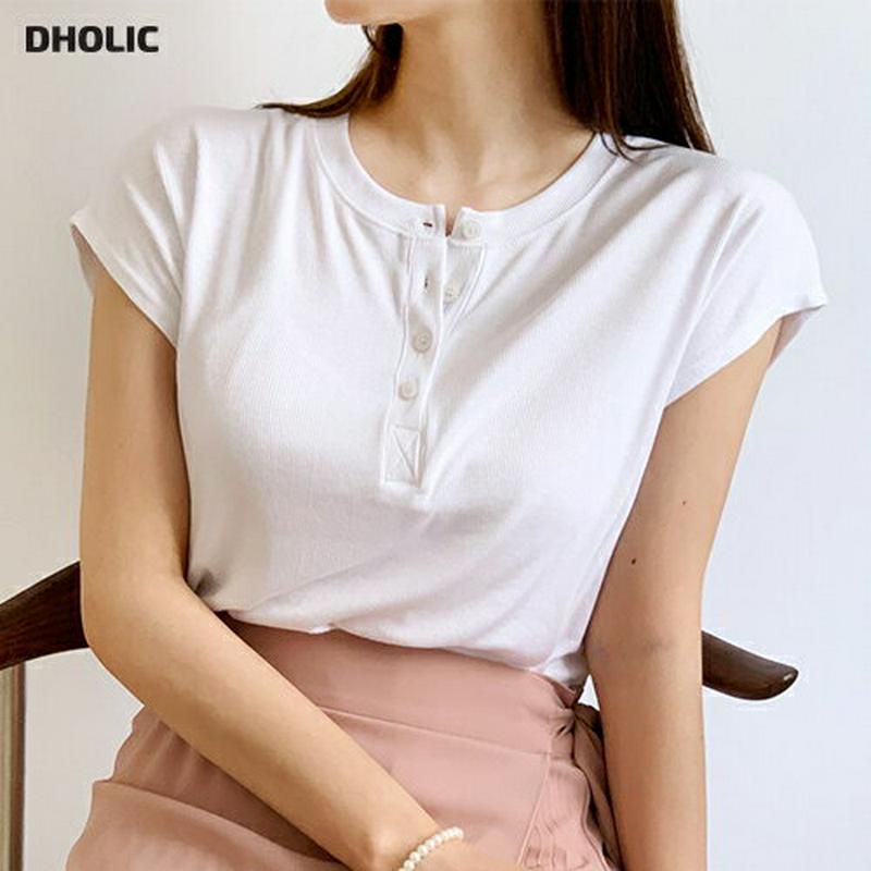 ネックボタンリブTシャツ・全3色・b00317 レディース【tops】【トップス Tシャツ ショートスリーブ ネックボタン 単色