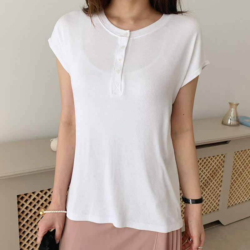 ネックボタンリブTシャツ・全3色・b00317 レディース【tops】【トップス Tシャツ ショートスリーブ ネックボタン 単色