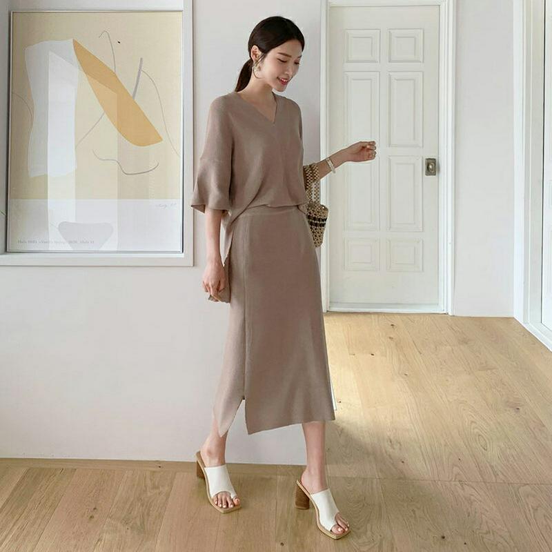 Vネックニット&スカートSET・全3色・b62313 レディース【ops】【セットアップ トップス ニット ニットトップス Vネ