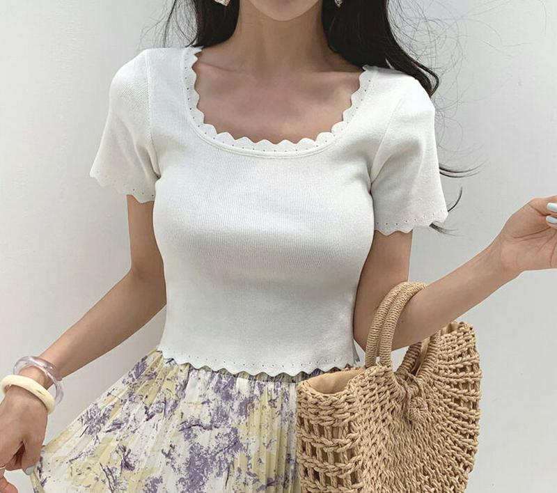 スクエアスカラップニット・全4色・b59424 レディース 【tops】【トップス ニット サマーニット Uネック 半袖 ハーフ
